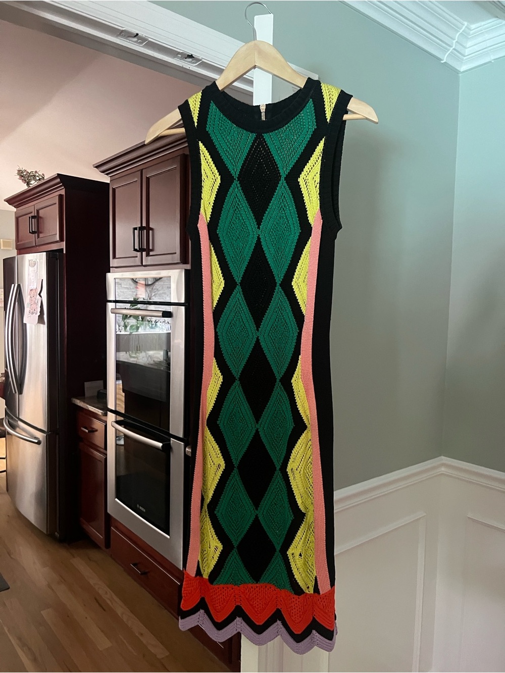 Versace Sleeveless Knit Diamond-Pattern Midi Dress in Green, Black & Neon
